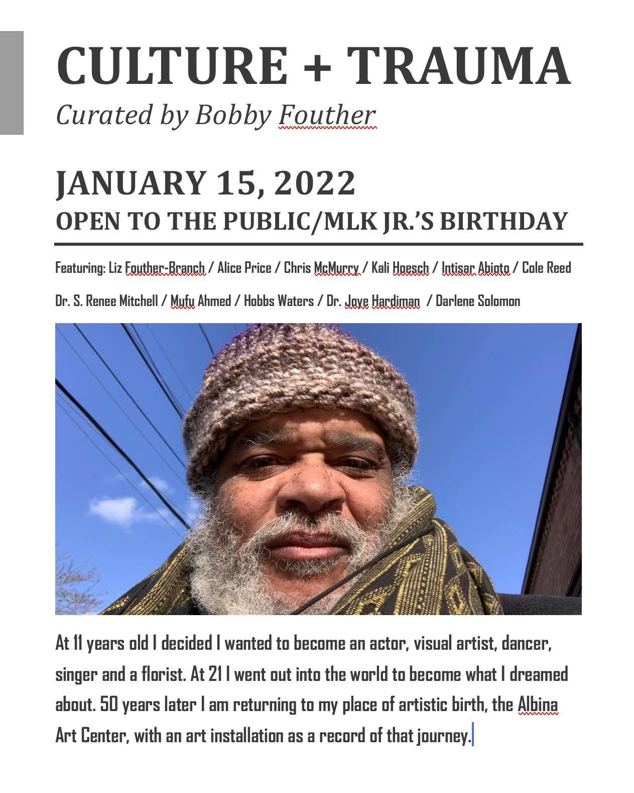 color flyer for culture and trauma event during MLK Jr Birthday Jan 15 2022